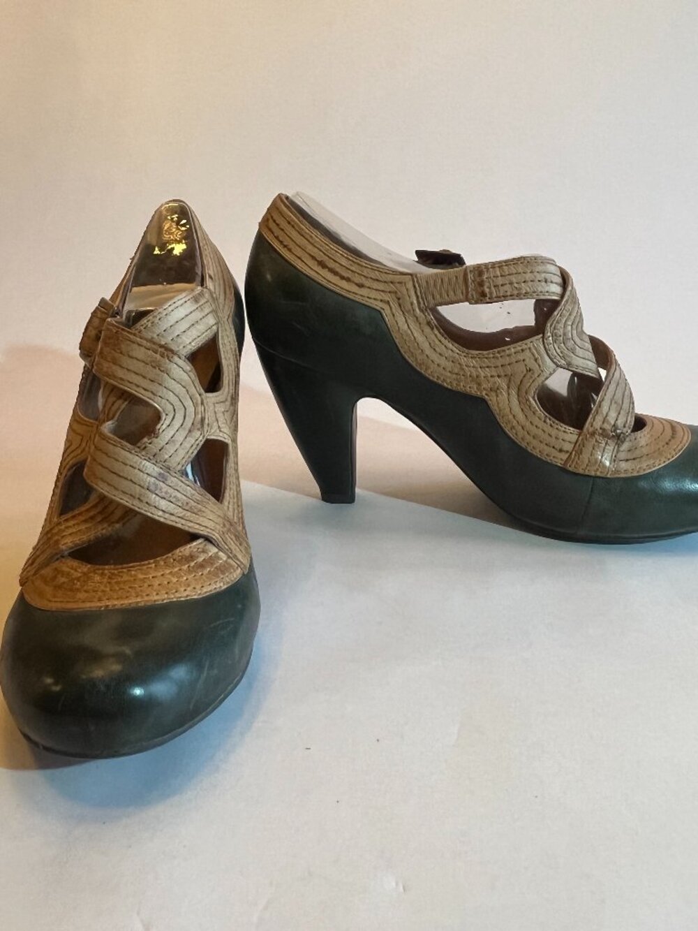 Miz Mooz steel blue & light brown heels